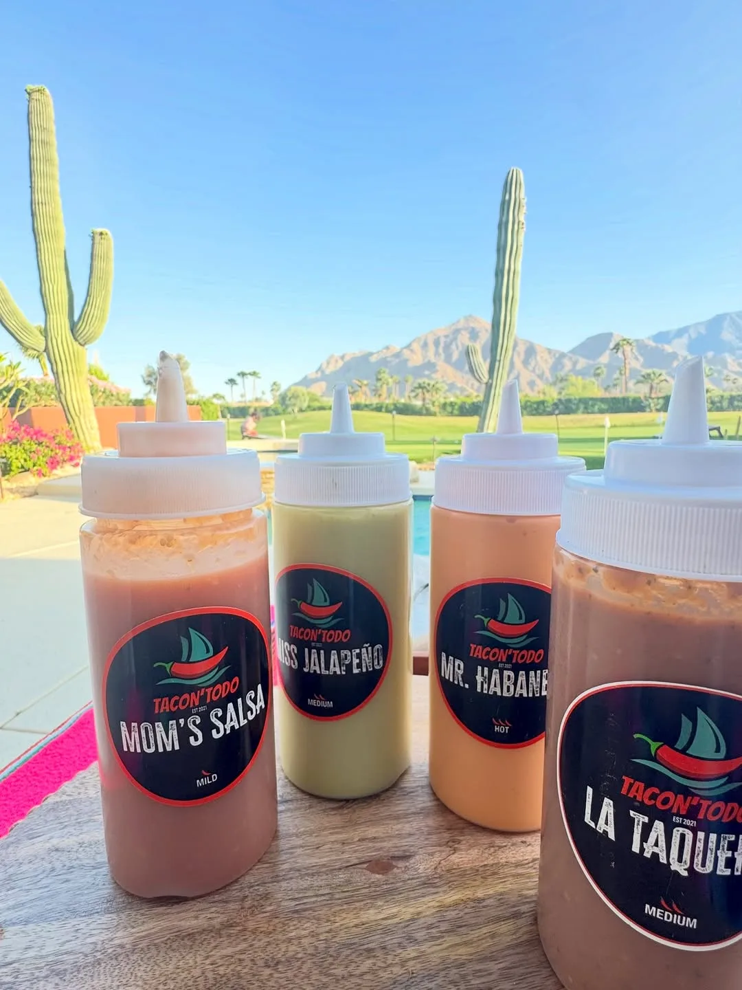 TacoNTodo signature salsa bottles with desert mountain views